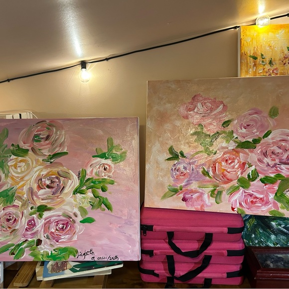 2 beautiful Floral Acrylic Painting 16”x20”each on canvas signed - Picture 5 of 6